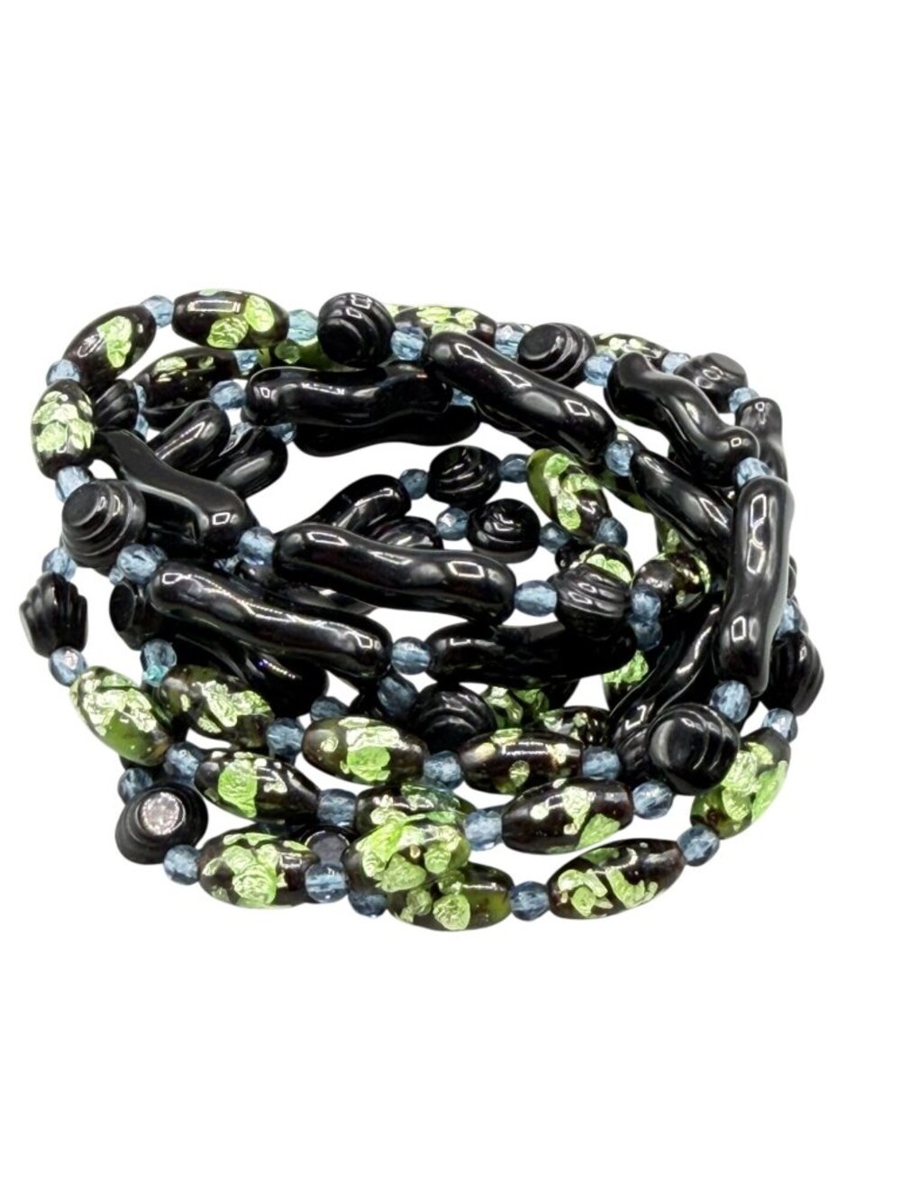 Vintage Venetian Glass Foil Bead Necklace Lime Green And Black Long Single Stran